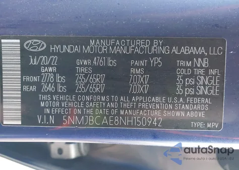 2022 Hyundai Tucson Sel z USA, uszkodzony, nr VIN 5NMJBCAE8NH150942